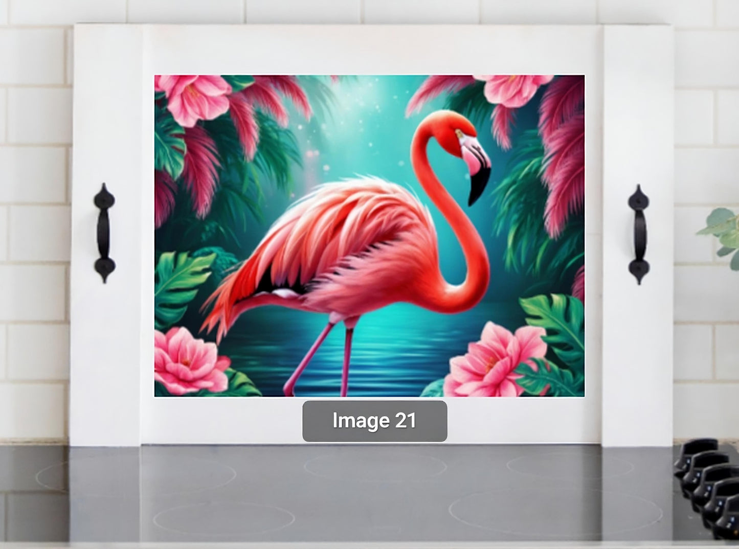 Pink flamingo stove cover with tropical flowers, turquoise water and lush greenery, colorful wooden noodle board for coastal and beach kitchen decor.