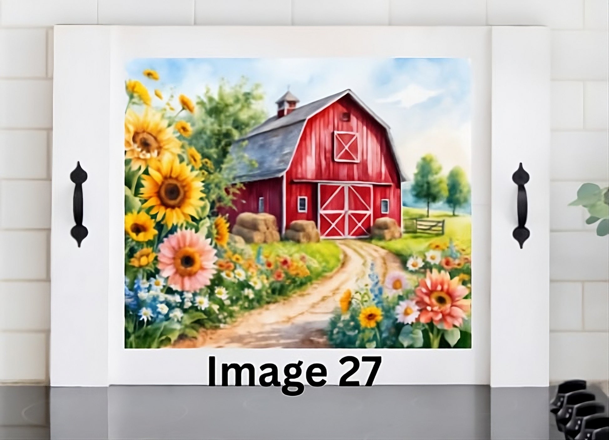 Red barn wooden stove cover with yellow sunflowers and colorful wildflowers, farmhouse noodle board for rustic country kitchen decor.