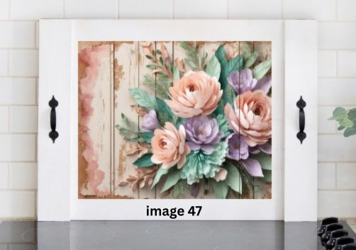 Shabby chic floral wooden stove cover with blush pink roses, lavender flowers and greenery on distressed wood, farmhouse noodle board for cottage kitchen decor.