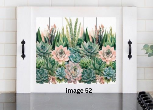 Pink Platypus Emporium succulent stove cover with sage green and blush botanical garden design on a solid wood farmhouse noodle board.