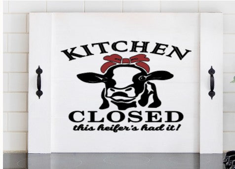 Pink Platypus Emporium funny cow stove cover featuring Kitchen Closed This Heifer’s Had It on a solid wood farmhouse noodle board.
