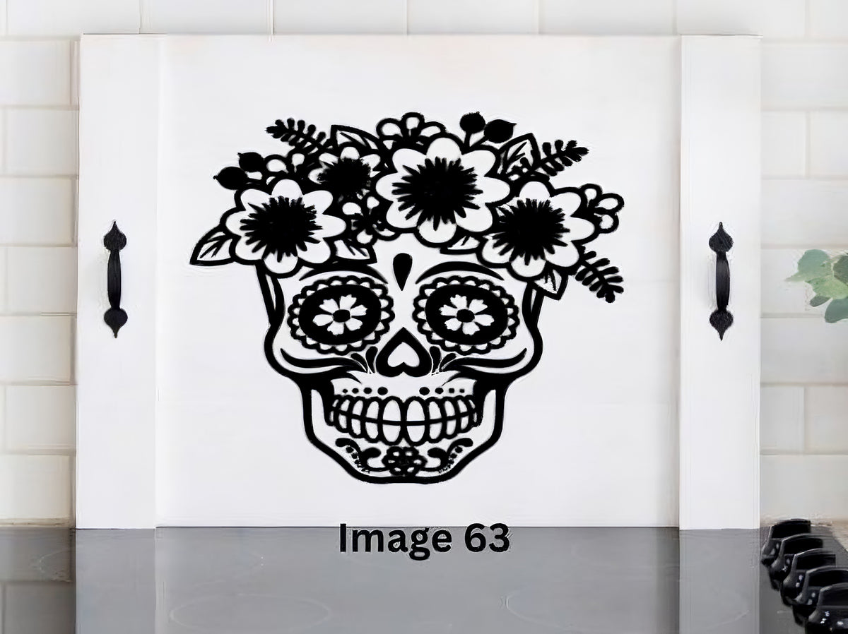 Sugar Skull Stove Cover | Black & White Floral Skull Noodle Board | Gothic Kitchen Decor