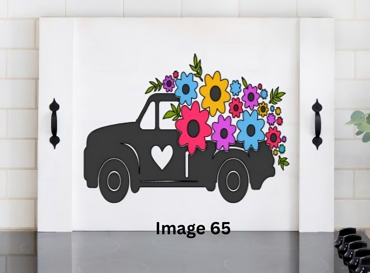 Colorful floral pickup truck solid wood stove cover noodle board with pink, purple, blue and yellow flowers by Pink Platypus Emporium.