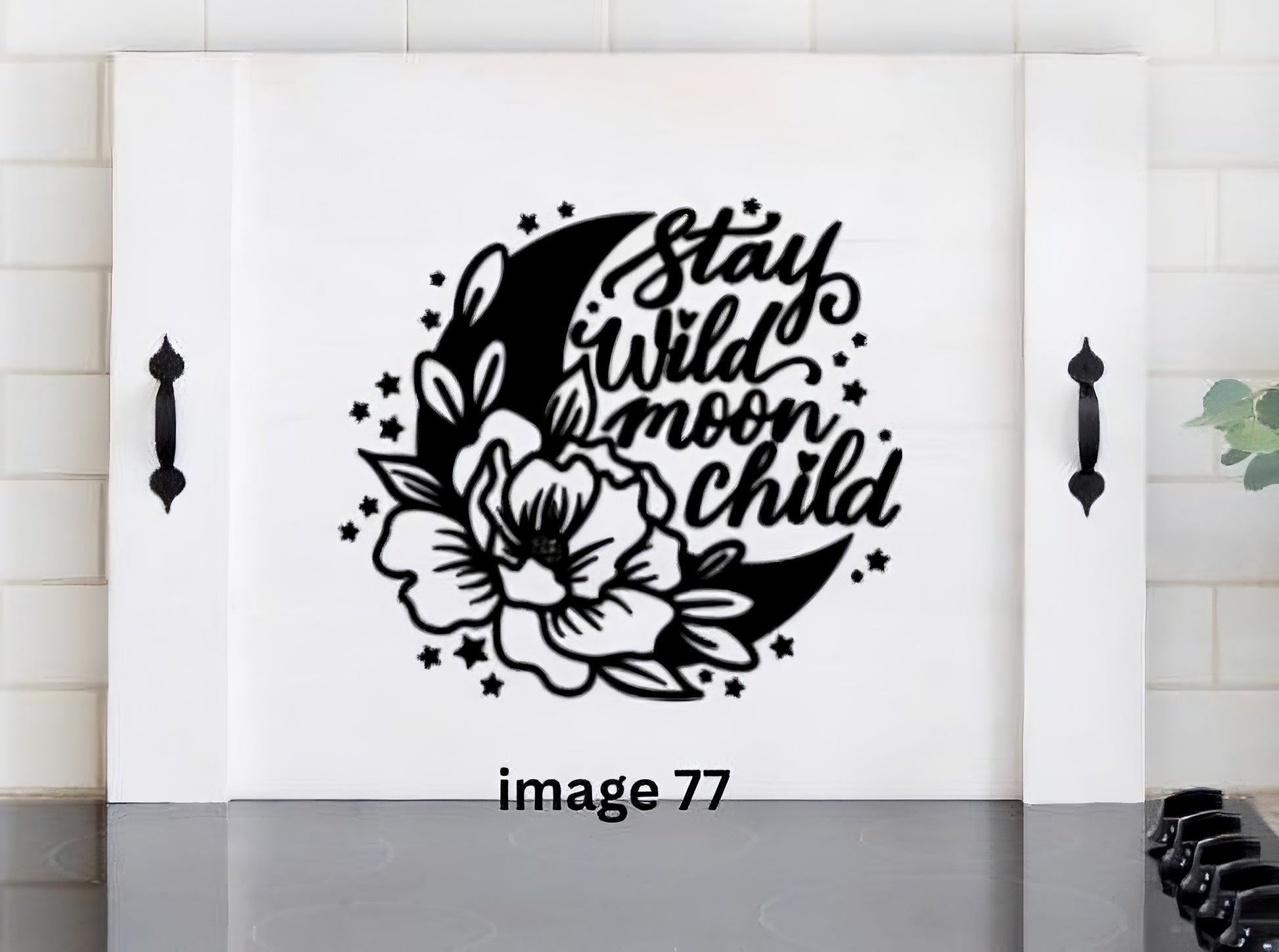 Stay Wild Moon Child solid wood stove cover with crescent moon, stars and floral design by Pink Platypus Emporium.