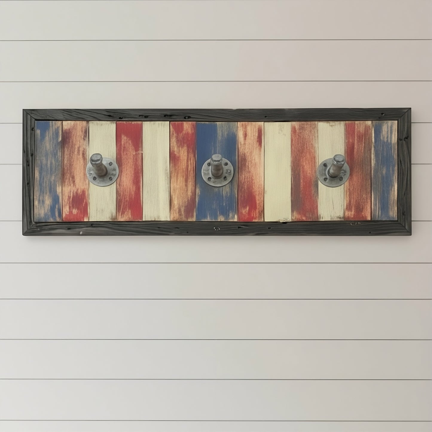 americana Wooden wall art/coat rack with a striped design and metal fixtures on a white wooden panel background