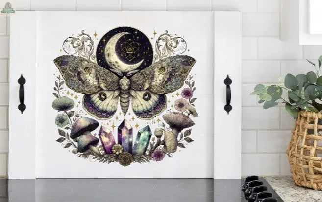 stove cover with metaphysical moth and crystals