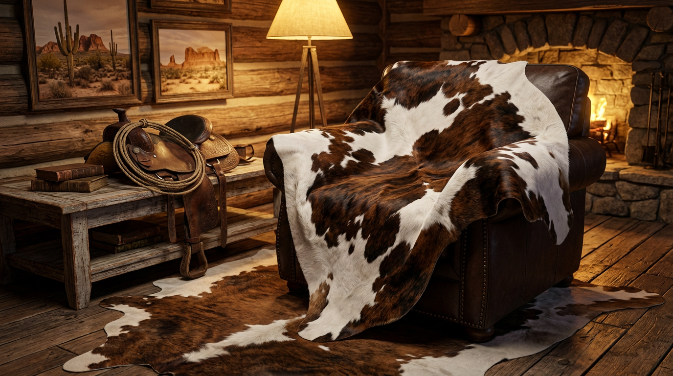 genuine calf hide rug draped over leather chair in rustic western living room, brown and white cowhide decor styled with wood interior, fireplace, and cabin aesthetic