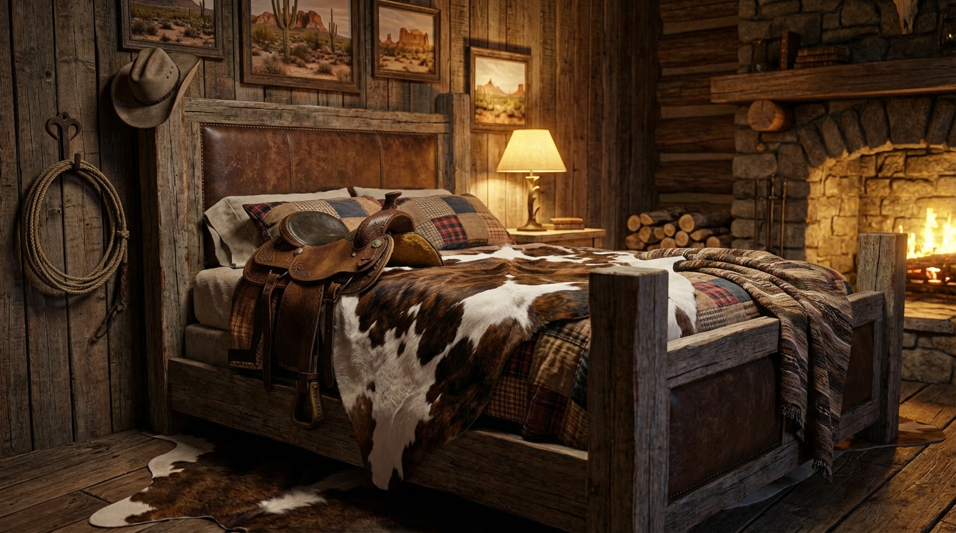 genuine calf hide rug styled on rustic bed in western bedroom with leather saddle, wood interior, and fireplace, brown and white cowhide decor with cabin aesthetic