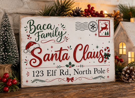 Personalized Santa Claus North Pole Sign | Custom Family Name Christmas Wood Sign | Rustic Holiday Mantel Decor