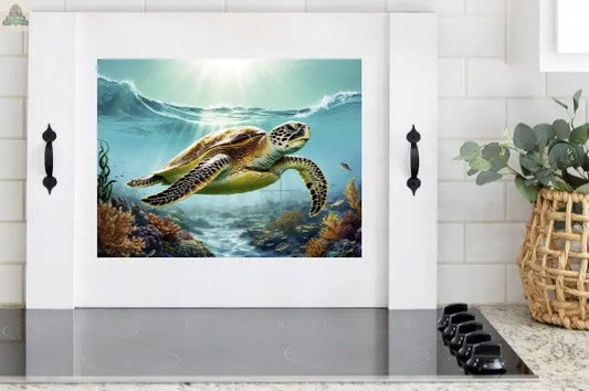 stove cover with swimming sea turtle in water. Pink Platypus Emporium